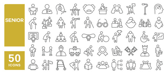 Set of 50 line icons related to senior, old, manager, experience, age, grandparents, cane, retirement, elderly, Editable stroke. Vector illustration