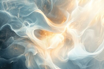 Abstract ethereal image with flowing, translucent fabrics in shades of blue, white, and gold.