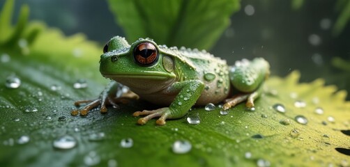 Obraz premium A tiny frog on a big leaf with dew drops on its back, landscape, dew, scenery