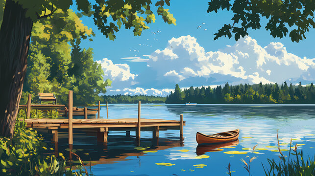 A serene lakeside view with a wooden dock, a kayak, and the shimmering reflection of a bright summer sky.". Shimmering Shores. Illustration
