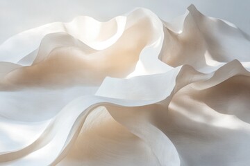 Abstract art showcasing flowing, textured fabric with soft light and shadow, creating a serene and...