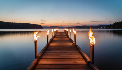 Fototapeta premium Serene torch-lit jetty at dawn, welcoming the spirit