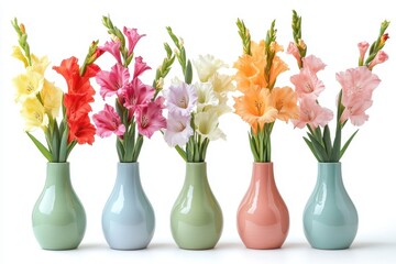 Collection of vases featuring lovely gladiolus blooms on white background