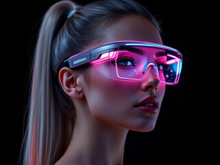 Woman, futuristic, glasses, neon, pink, blue, glowing, technology, virtual reality, VR, augmented reality, AR, gadget, advanced, sci-fi, modern, innovative, digital, high-tech, cool, stylish, cyber, t