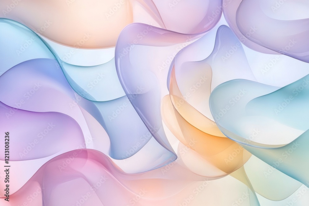 Poster soft pastel tones blend seamlessly in a fluid arrangement of transparent shapes, evoking a sense of 