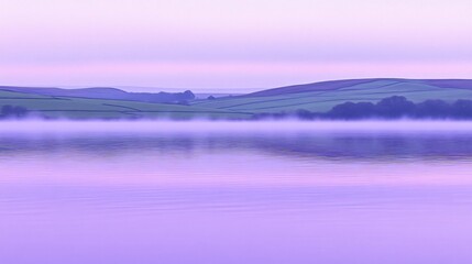 Fototapeta premium Misty Morning Landscape Purple Lake and Hills