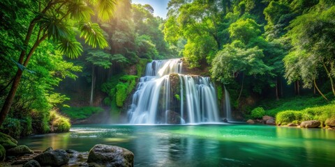 A tranquil waterfall scene with a lush green forest behind the falls, outdoors, natural, peaceful, foliage, scenery