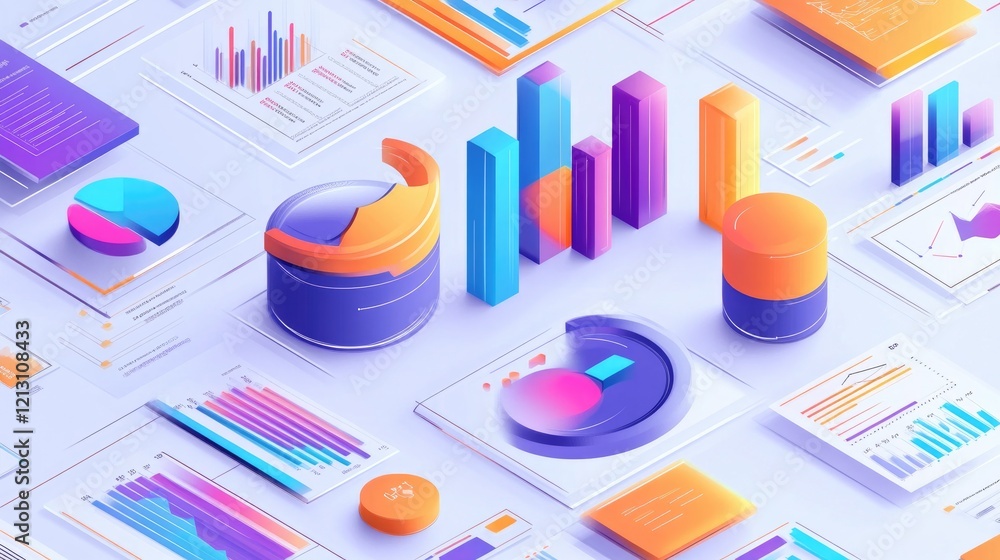 Poster isometric data visualization with charts, graphs, and 3d elements for business analysis