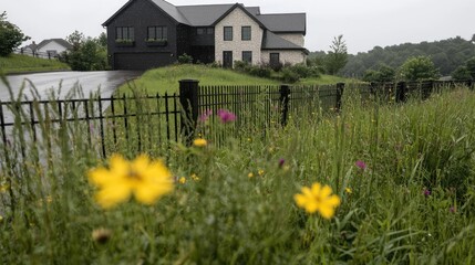 Obraz premium Modern house, hillside, wildflowers, rainy day, real estate