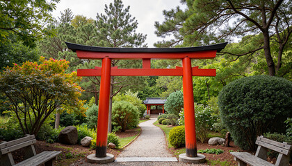 Serene red torii gate leading to peaceful garden path, tranquility
