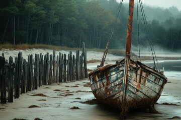 Fototapeta premium A weathered wooden sailboat rests on a misty beach, beside a decaying fence, evoking a sense of age and solitude.