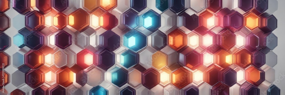 Poster a vibrant mix of colorful hexagonal lights arranged in a dynamic pattern on a white background , abs