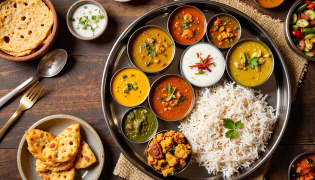 Vibrant Gujarati thali showcasing traditional dishes on rustic table, cultural feast