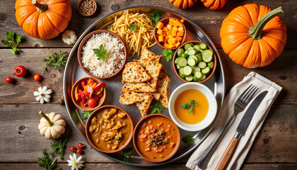 Harvest festival thali with farm produce, rustic dining ambiance