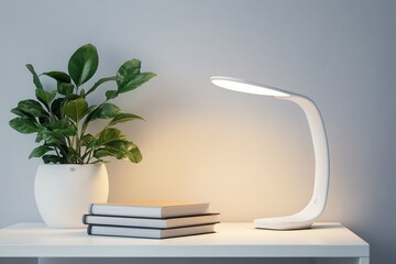 Contemporary lamp books and plant atop a white bedside table in the bedroom
