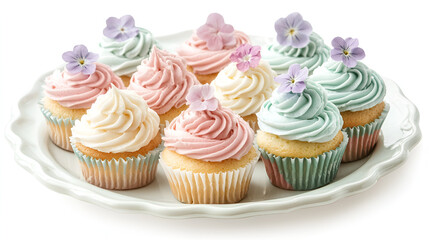 Pastel cupcakes decorated with delicate flowers, arranged on a white plate. Perfect for a celebration or special occasion.