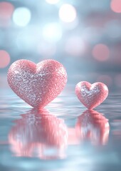 Obraz premium Two Pink Crystal Hearts Floating on Calm Water with Bokeh Background Romantic Love Concept