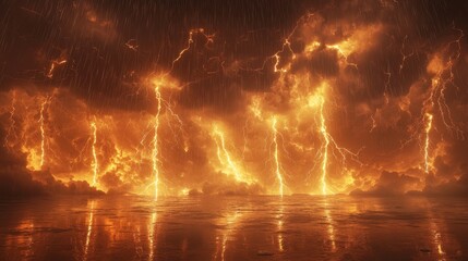 Fototapeta premium A powerful storm unleashes fierce lightning strikes against a dark and turbulent ocean. Brilliant bursts of light contrast with heavy rain, creating a captivating, intense atmosphere