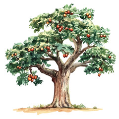 Baobab Tree with Fruit – Majestic Watercolor Botanical Illustration, Iconic Tree with Ripe Fruit Painting, Nature-Inspired Artwork, Vibrant and Unique Baobab Tree Design.  
