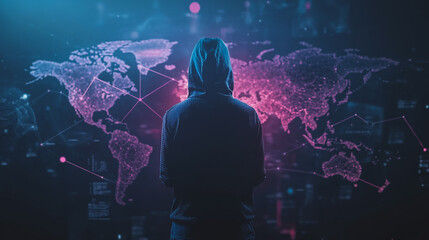 Obraz premium Hacker are planning to hack and attack networks and cyber security systems.team people innovation connection of line from nail node to node on map background , networking concept