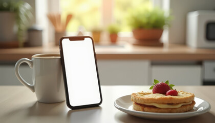 Smartphone with coffee and waffles on kitchen table.