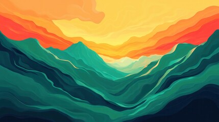 Abstract Teal Mountains Sunset Landscape Art