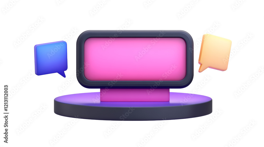 Aufkleber a vibrant, illuminated display screen with colorful speech bubbles on each side, designed for commun