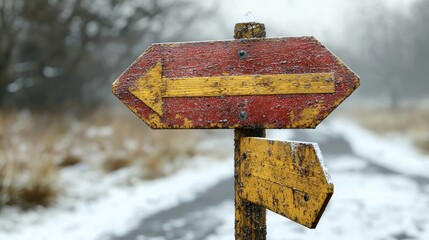 Naklejka premium Frozen trail signpost, winter path, snowy woods, direction