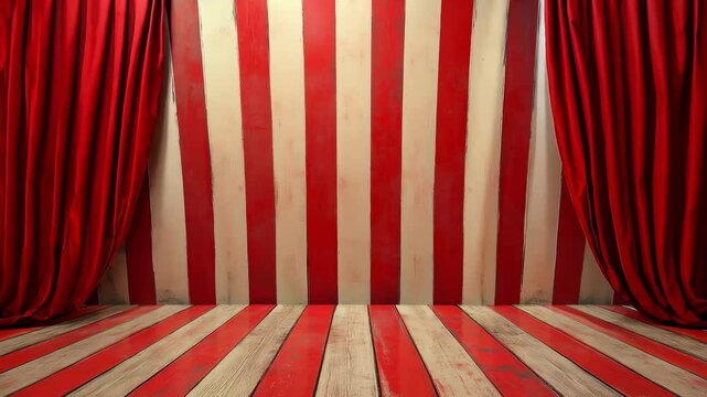 Retro circus stage backdrop features bold red and white stripes with flowing curtains, ideal for theatrical performances and events