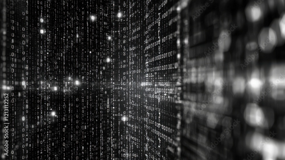 Poster columns of binary digits cascade in a dark, digital space, creating a sense of depth. bright points 