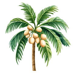 Fototapeta premium Betel Nut Palm with Fruit – Detailed Watercolor Botanical Illustration, Tropical Palm Tree Painting, Nature-Inspired Artwork, Lush Betel Nut Palm with Ripe Fruits. 