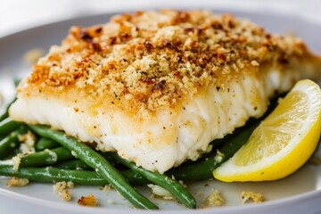 Baked cod fillet topped with garlic breadcrumbs is artfully presented on a plate with vibrant green beans and a wedge of lemon, inviting a flavorful dining experience