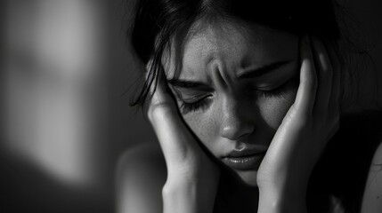 A young woman with furrowed brows sits in a low-lit room, holding her head in her hands, conveying feelings of sadness and introspection as shadows play across her face