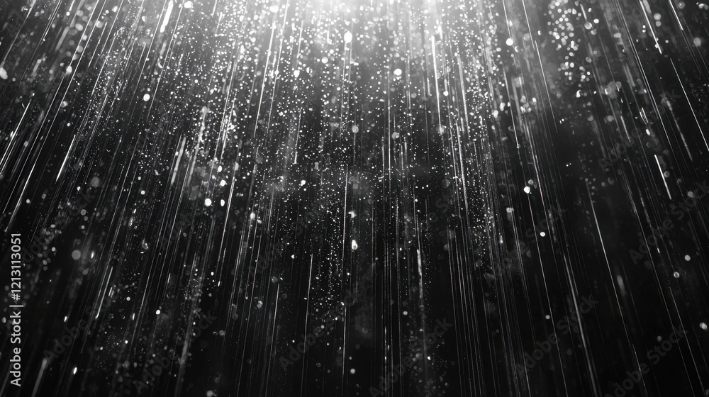 Poster water droplets cascade downwards in a dark environment, illuminated by soft light. the interplay of 