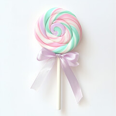 Pastel swirl lollipop with a delicate lavender ribbon, a sweet and charming treat.