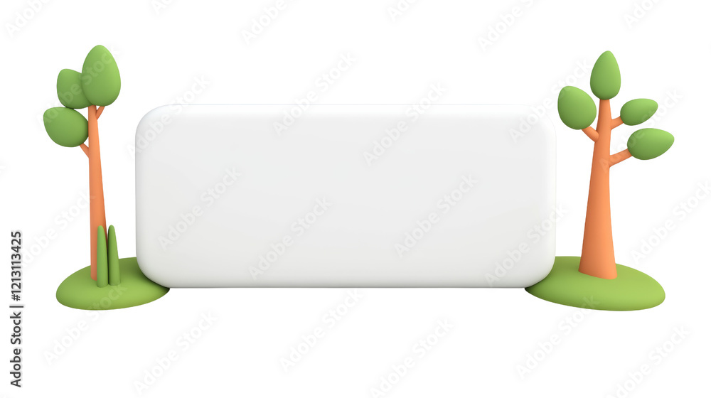 Poster a rectangular sign with playful tree designs on either side, conveying a cheerful and inviting atmos
