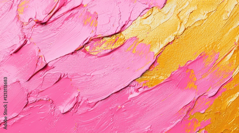 Poster bright pink and shimmering gold textures create a striking abstract composition, highlighting the ar