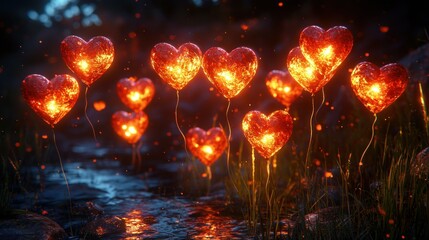 Glowing heart balloons float above stream, night