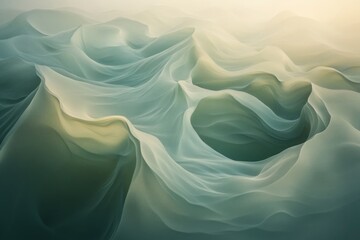 Obraz premium Abstract image of flowing, translucent fabric in shades of green and beige, resembling sand dunes or soft waves.