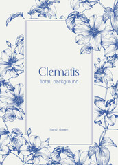 Toile Floral frame for design greeting card, wedding decor, invitation. Vintage Vector background. Engraved Clematis flowers blue on beige. Hand drawn illustration