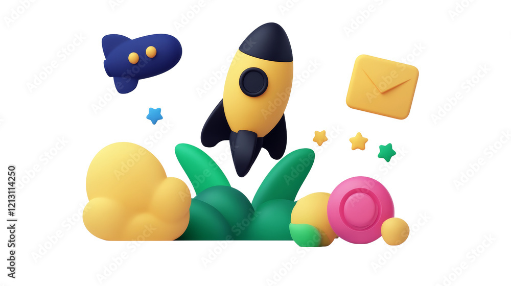 Poster a colorful rocket surrounded by playful shapes including clouds, stars, and an envelope, creating a 