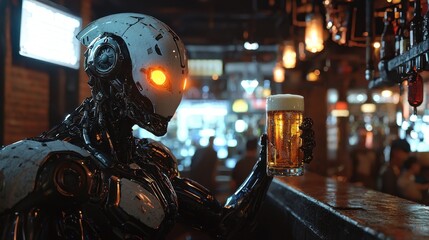 In a bustling bar filled with warm lighting, a futuristic robot bartender holds a pint of golden beer. Patrons enjoy their drinks in the background, creating a lively atmosphere