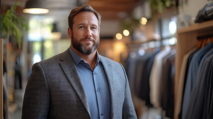 Obraz premium Overweight Man Smiling Confidently While Shopping for Clothes in a Stylish Boutique Setting During Daytime