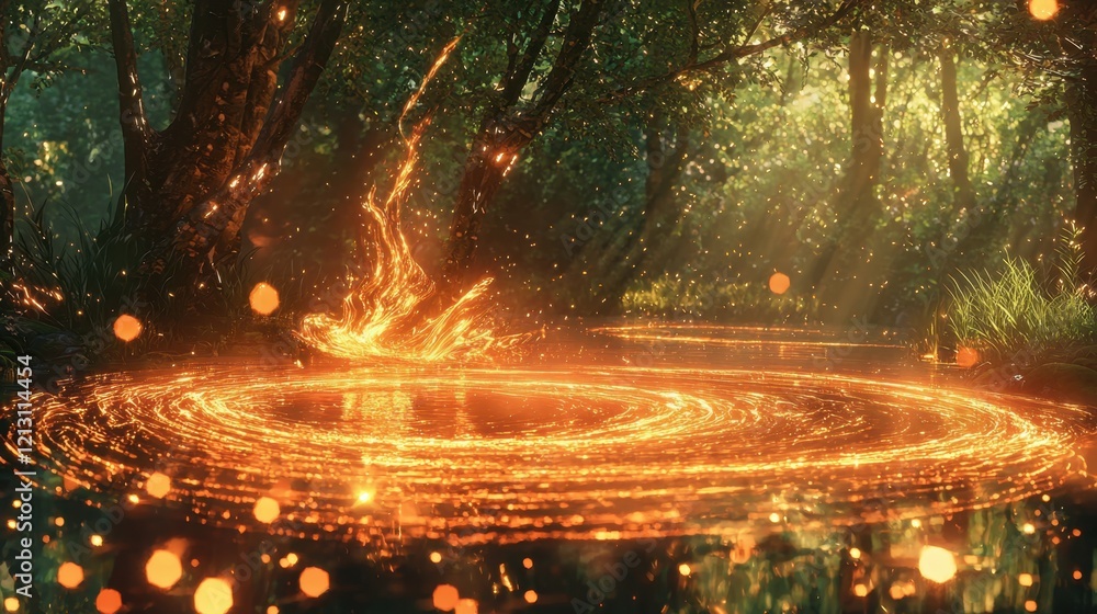 Poster golden light swirls gracefully above the water's surface in a lush forest. sunlight filters through 