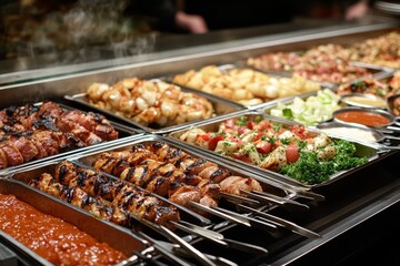 A vibrant barbecue buffet showcases an array of grilled items including kebabs, meats, and fresh vegetables, alongside multiple flavorful sauces for a delightful dining experience