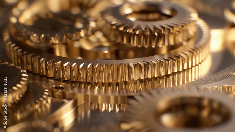 Poster close-up view of golden gears interlocked together, emphasizing craftsmanship and precision in mecha