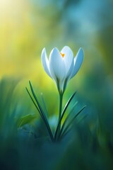 Fototapeta premium Beautiful white spring flower on blurred green background