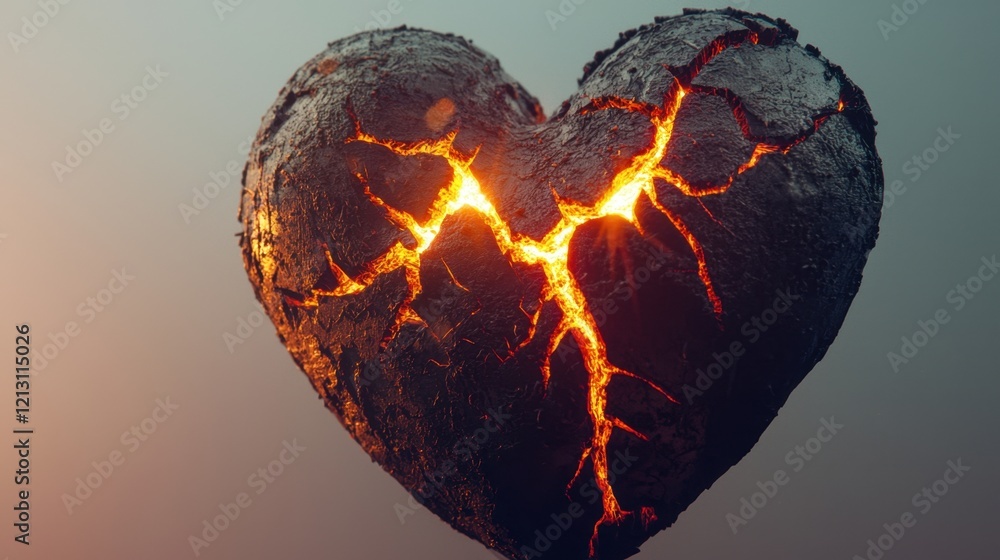 Poster a heart shaped rock with cracks glowing as if molten lava flows beneath its surface, set against a s