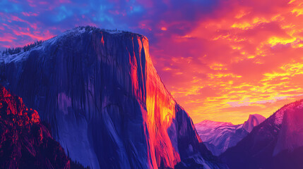 Surreal colorful picture of the el capitan granite vertical rock at sunset with vivid colors, yosemite, california. Sunset Cliffs. Illustration