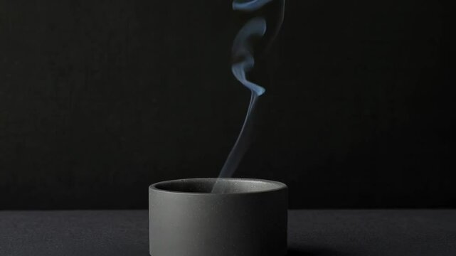 Hand holding a burning cigarette over an ashtray with smoke rising in a dark background